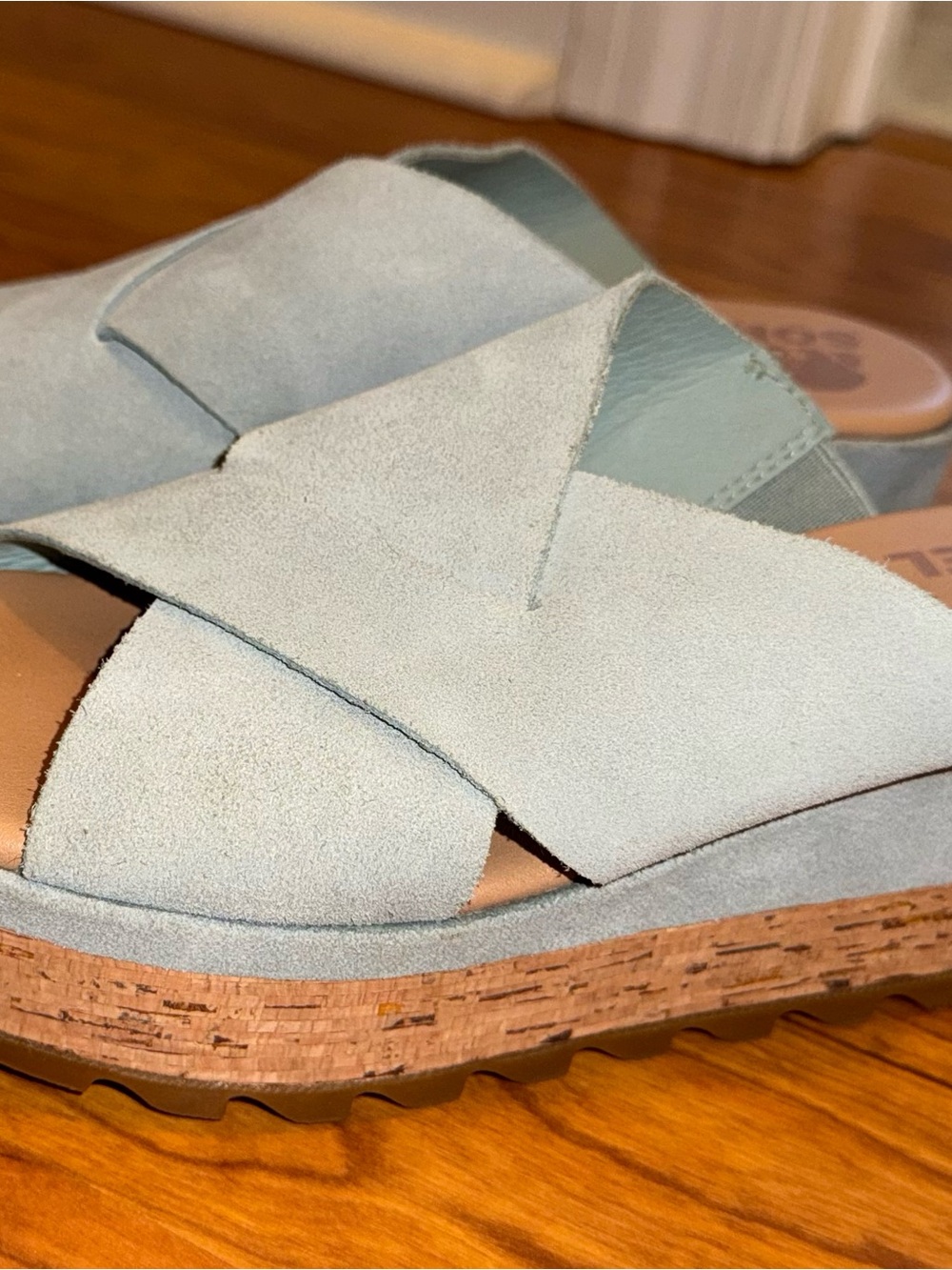 Sorel Women's Pale Blue Suede Crossband Slide Sandals